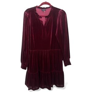 1.STATE Burgundy Velvet Tiered Dress – Long Sleeve Ruffle Neck Mini